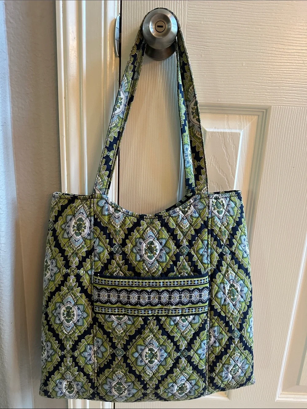 Vera Bradley Navy and Green Quilted Tile-Pattern Tote